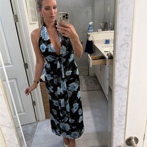 Zara Black Halter Floral Midi Dress with Blue Roses size small NWOT